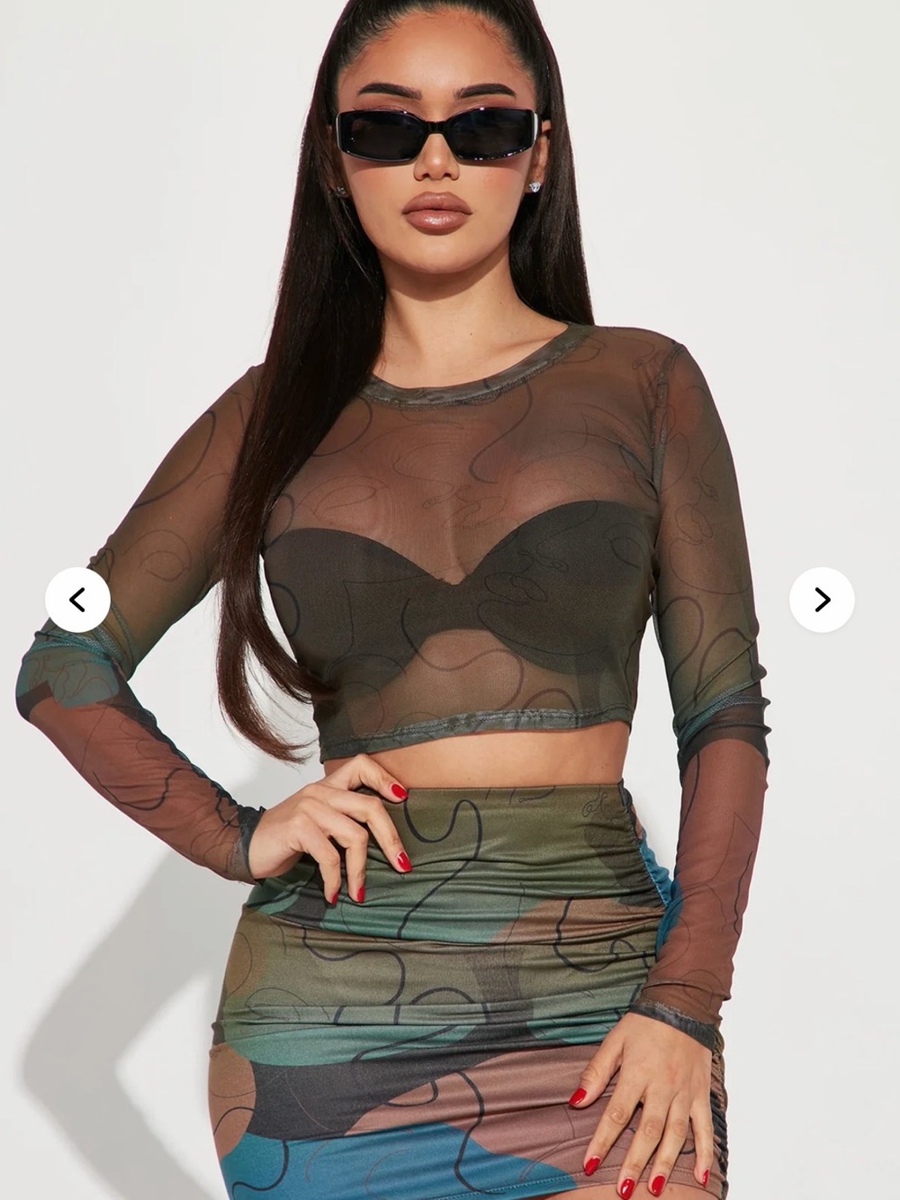 Fashion Nova Olive Green Multi-Color Sheer Mesh Crop Top and skirt set